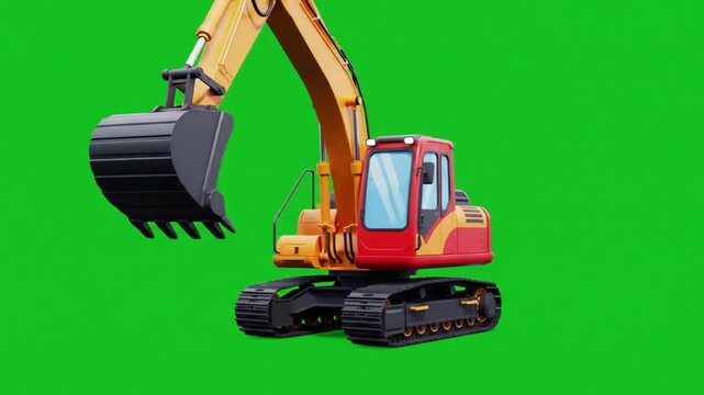 3D cartoon excavator swinging arm, solid green screen background