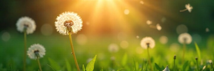 Sunbeams Illuminate Floating Dandelion Seeds A Serene Image Evoking Gentle Hope, Spiritual Awakening, and Inner Peace, Perfect for Meditation, Mindfulness, and Zen Themes.