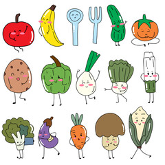 Set of adorable kawaii fruit and vegetables character design. apple, banana, cucumber, tomato, potatoes, pepper, onion, beet, eggplant, carrot, mushroom