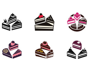Cake Slice Silhouette Set Featuring Six Distinct Layered Designs with Cherries on Top in Black Vector Style