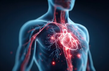 A digital illustration showing the human heart and vascular system glowing within the upper body.