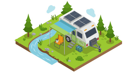 Isometric camping adventure vector illustration: nature travel design for posters and cards