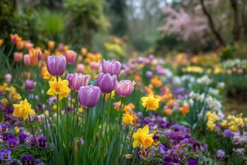 Fototapeta premium Colorful Spring Garden with Tulips Daffodils and Pansies