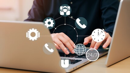 Person using laptop with service icons technology