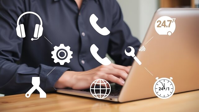 Person using laptop with support icons headset phone
