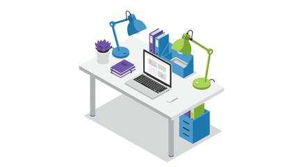 Fototapeta premium Modern workspace vector illustration: office desk isometric design for posters and print