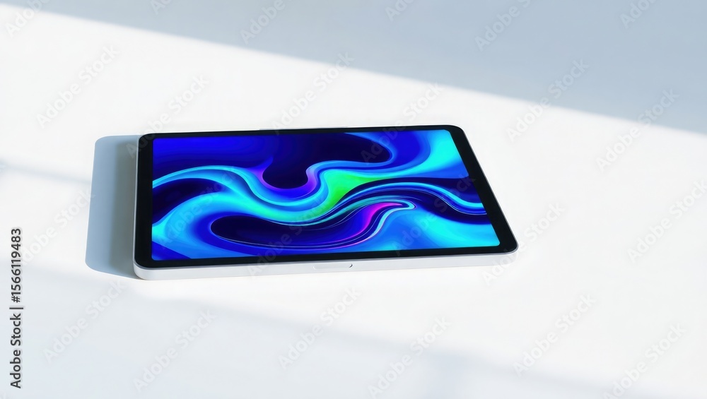 Fototapete A white tablet computer with a vibrant abstract design on its screen, angled on a white surface.