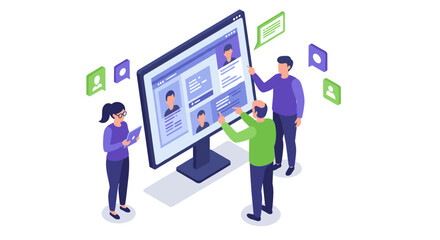 Isometric vector illustration of collaborative teamwork on social media profile design