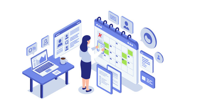 Office management vector illustration: isometric design for business and productivity concepts