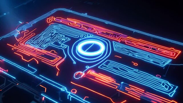 Glowing Blue and Red Tech Circuit Board with Futuristic CPU Hub &ndash; Cyberpunk Sci-Fi Animation