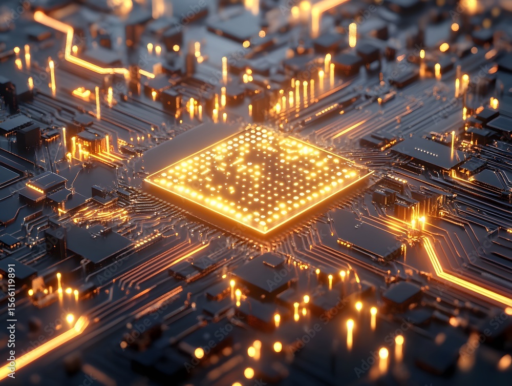 Poster a close-up view of a modern microchip with glowing circuits and intricate patterns, representing the