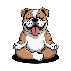 Meditating Bulldog Cartoon, Zen Dog Illustration, Happy Bulldog in Yoga Pose