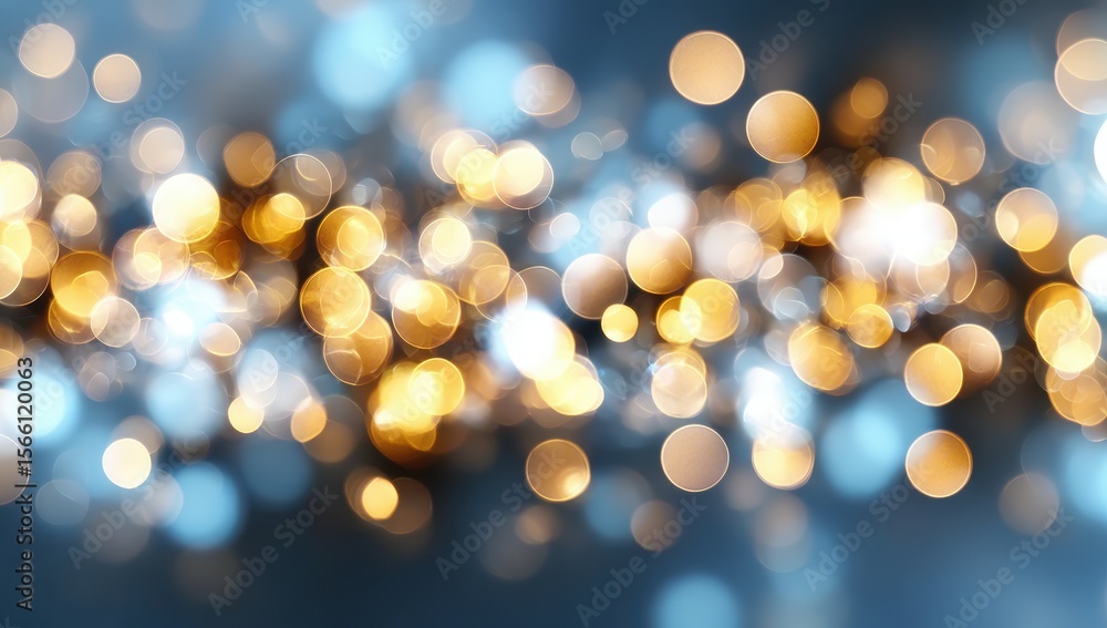 Poster a vibrant bokeh effect with glowing golden and soft blue light orbs on a dark background, creating a