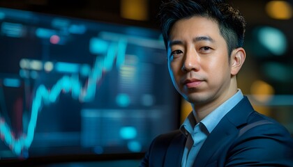 Fototapeta premium A confident business professional stands in front of a digital financial chart, exemplifying the modern corporate environment and the importance of data-driven decision-making.