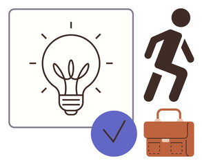 Light bulb symbolizing ideas, person climbing stairs for progress, checkmark for completion, and briefcase for professionalism. Ideal for innovation, growth, success, business planning, achievement