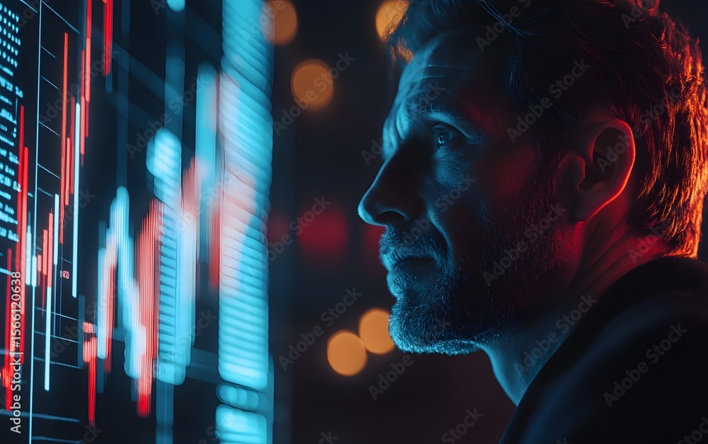 Aufkleber a focused businessman analyzing data on a digital screen in a futuristic setting, illuminated by vib