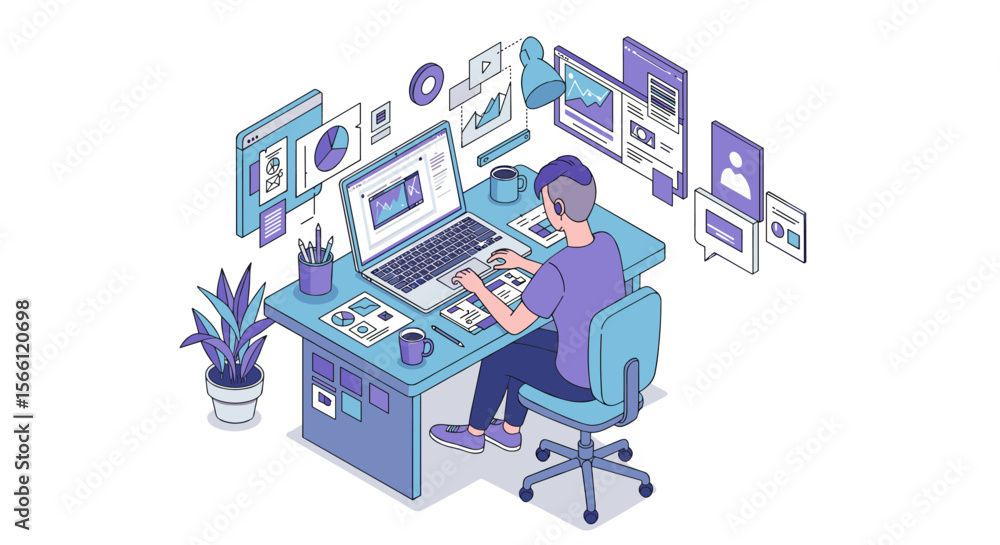 Poster vector illustration of a modern workplace with isometric design for tech and business concepts