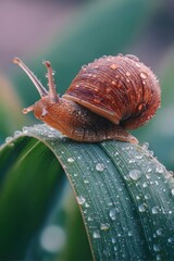 Brown Snail on Dew Covered Green Leaf