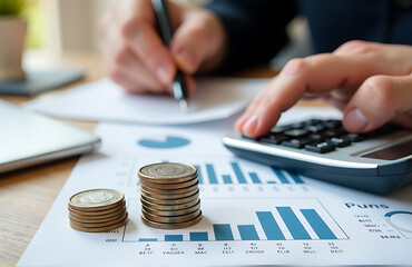 analyzing personal finances calculating expenses tracking spending stack coins nearby