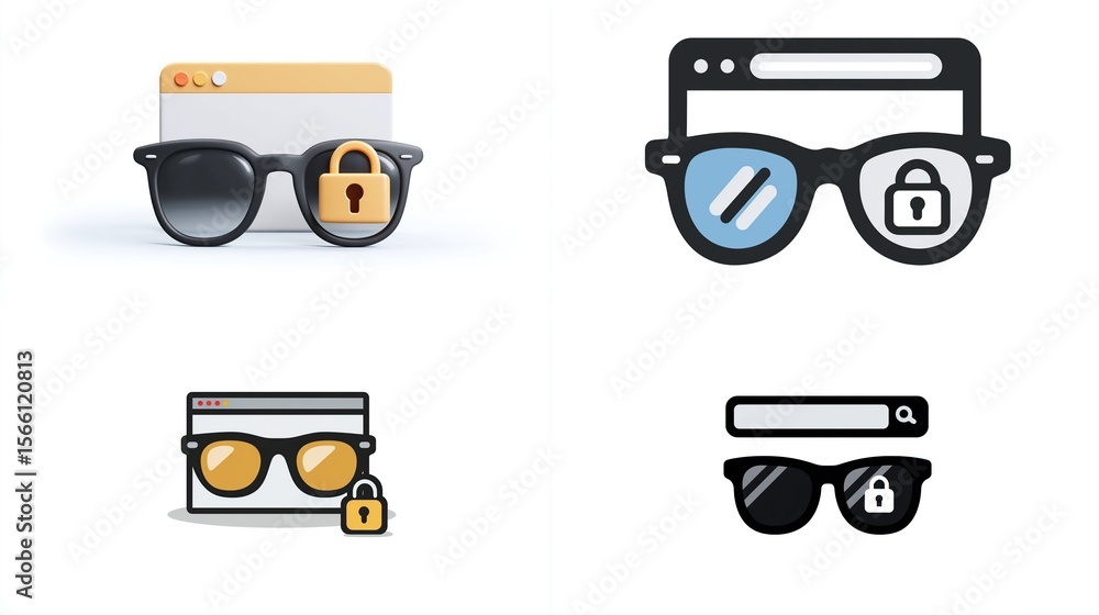 Aufkleber web security glasses with padlock and browser icon set on white for secure browsing