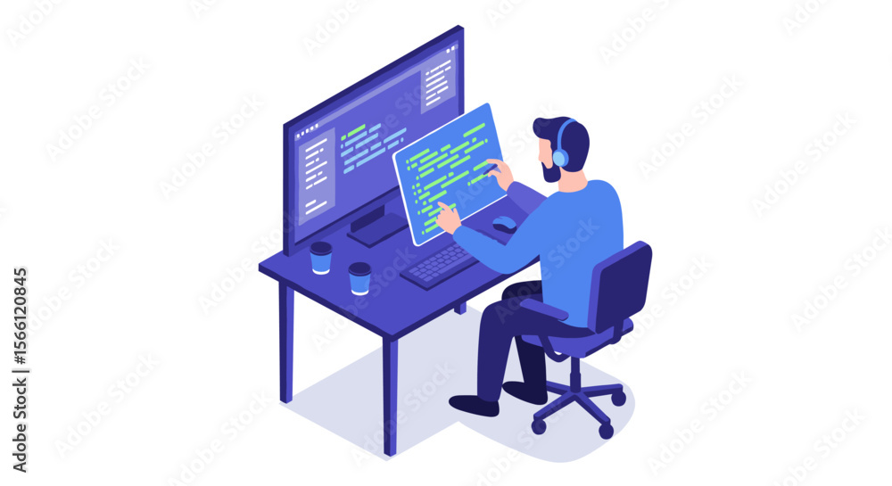 Poster programmer at work vector illustration - office environment for web design - modern isometric style