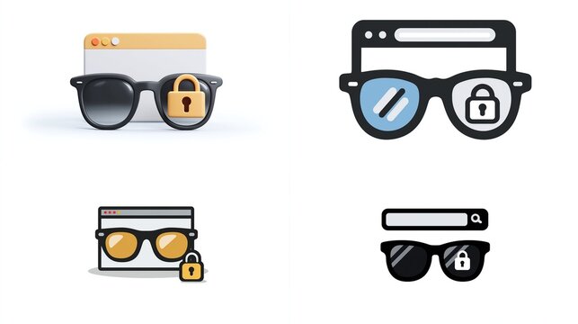 Web security Glasses with padlock and browser icon set on white for secure browsing