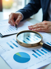 analyzing financial data graphs charts documents magnifying glass gain insight company performance