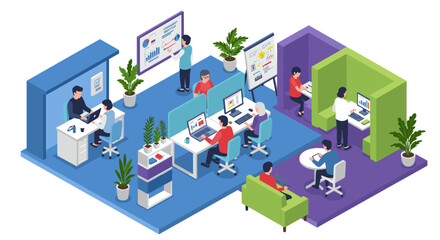 Modern office workspace concept vector illustration: collaborative zones for effective teamwork in isometric style