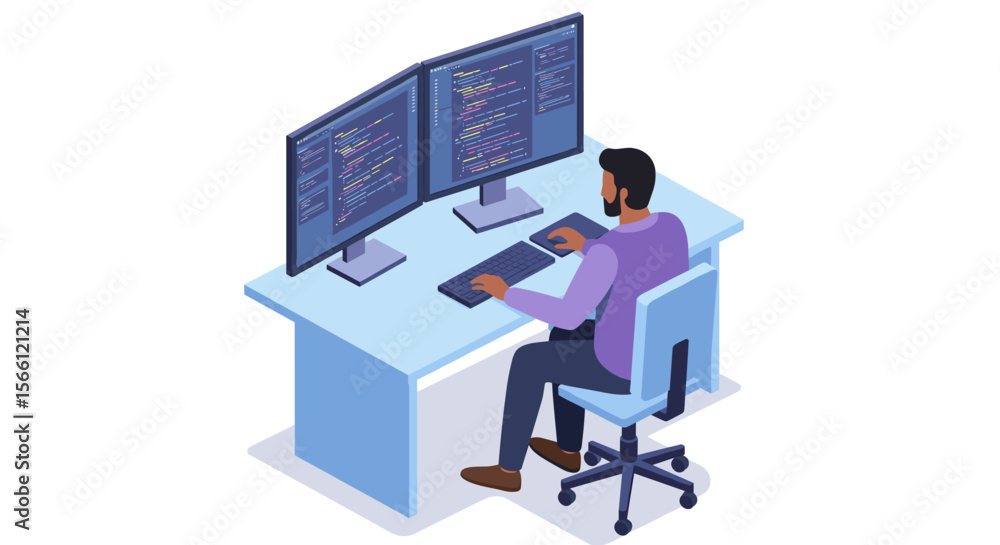 Poster isometric vector illustration of a software developer at desk for office design