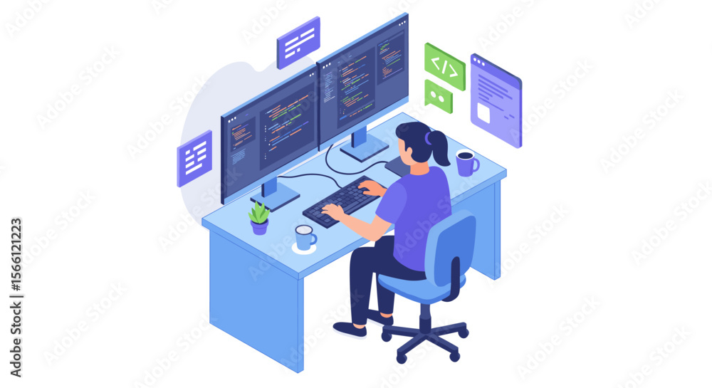 Poster modern software development vector illustration for office design and print in isometric style