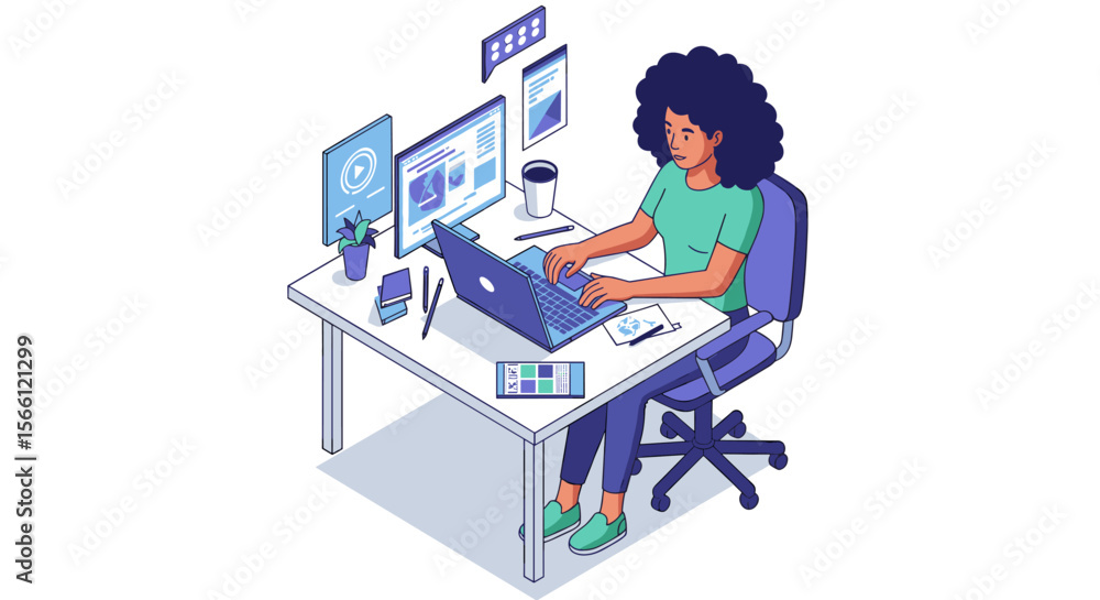 Poster modern home office workspace vector illustration for web design projects in flat style