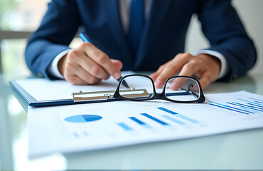 analyzing business data documents glasses white reflection background reviewing