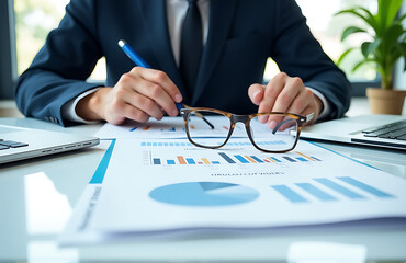 analyzing business data documents glasses white reflection background reviewing