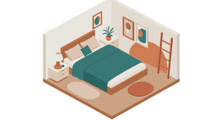 Cozy bedroom vector illustration in isometric style for modern interior design