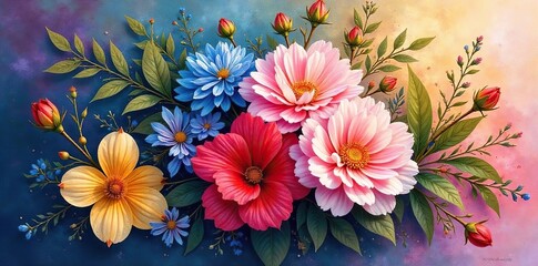 Vibrant Floral Still Life Watercolour and Oil Painting, Rich Textures, Captivating Light and Shadow Play, Contemporary Art