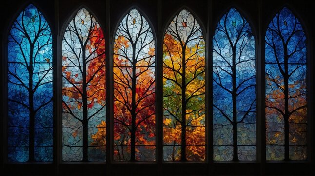 Colorful Stained Glass Church Window Depicting Autumn Trees