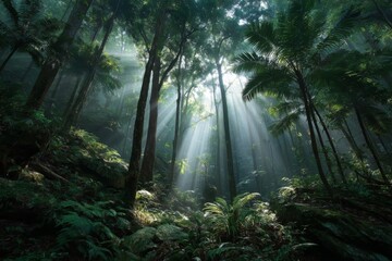 Obraz premium Sunlit Forest Path with Lush Greenery and Fog