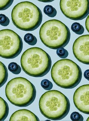 Fresh Cucumber Slices and Blueberries on Sky Blue