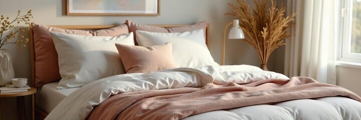 Relaxing Bedroom Scene Plush Bedding, Fluffy Pillows, and Soft Throw Blanket Create a Cozy and Inviting Atmosphere Perfect for Home Decor