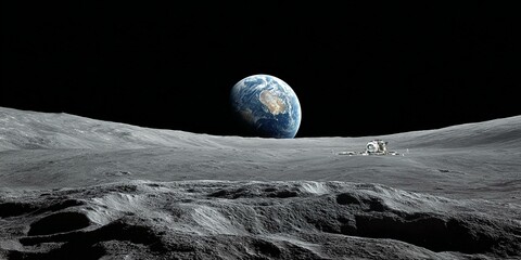 View of the moon surface with earth rise on horizon with lunar base  Generated image