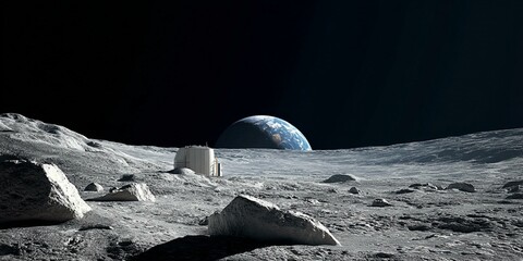 View of the moon surface with earth rise on horizon with lunar base  Generated image