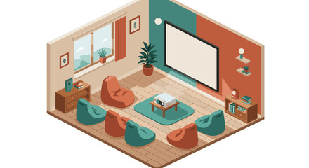Cozy home theater setup vector illustration for interior design print in isometric style