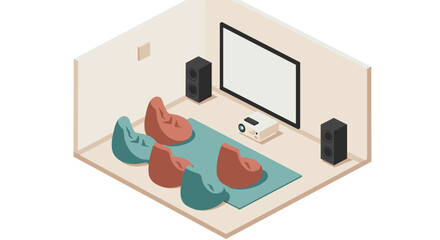 Isometric cinema room vector illustration for interior design and home theater concepts