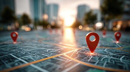 A city map with red location pins marking various points, symbolizing navigation and geolocation in an urban setting during sunset.