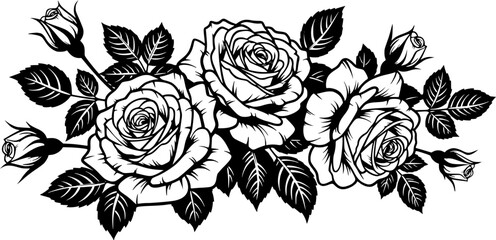black silhouette of roses and leaves isolated on white background, vector illustration