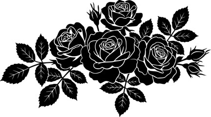 black silhouette of roses and leaves isolated on white background, vector illustration