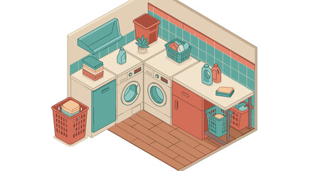 Cozy laundry room vector illustration for interior design, isometric style
