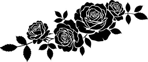 black silhouette of roses and leaves isolated on white background, vector illustration