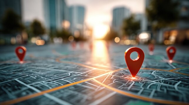 A city map with red location pins marking various points, symbolizing navigation and geolocation in an urban setting during sunset.