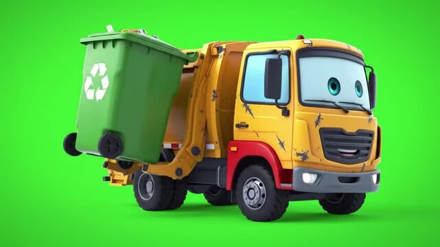 3D cartoon garbage truck lifting bin, solid green screen background